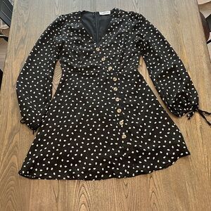 Taroo Black White Polkadot Mini Length Shift Dress Long Bubble Sleeve Size S